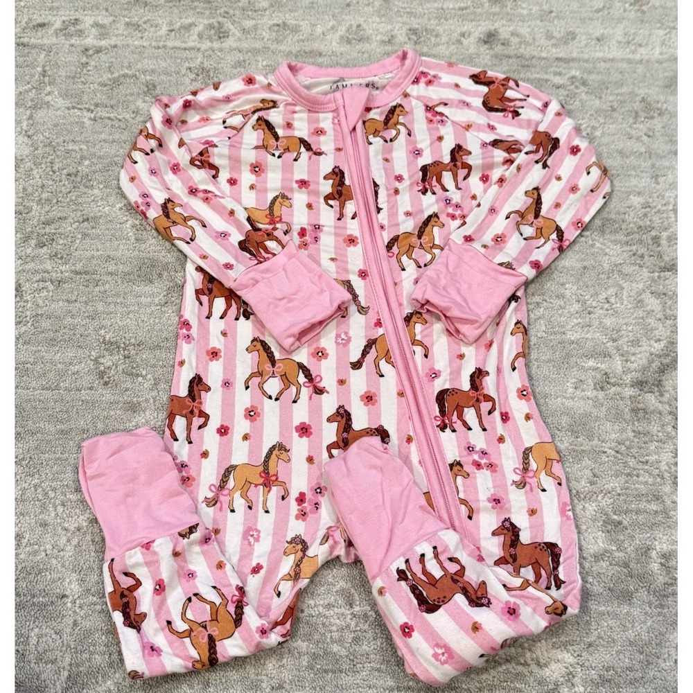 In My Jammers Horse Bamboo Pajama Sleeper 6-9 Mo Pink Floral Stripe Coquette